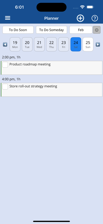 iPhone screenshot of new Planner page Agenda view