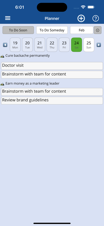 iPhone screenshot of new Planner page To Do Soon view